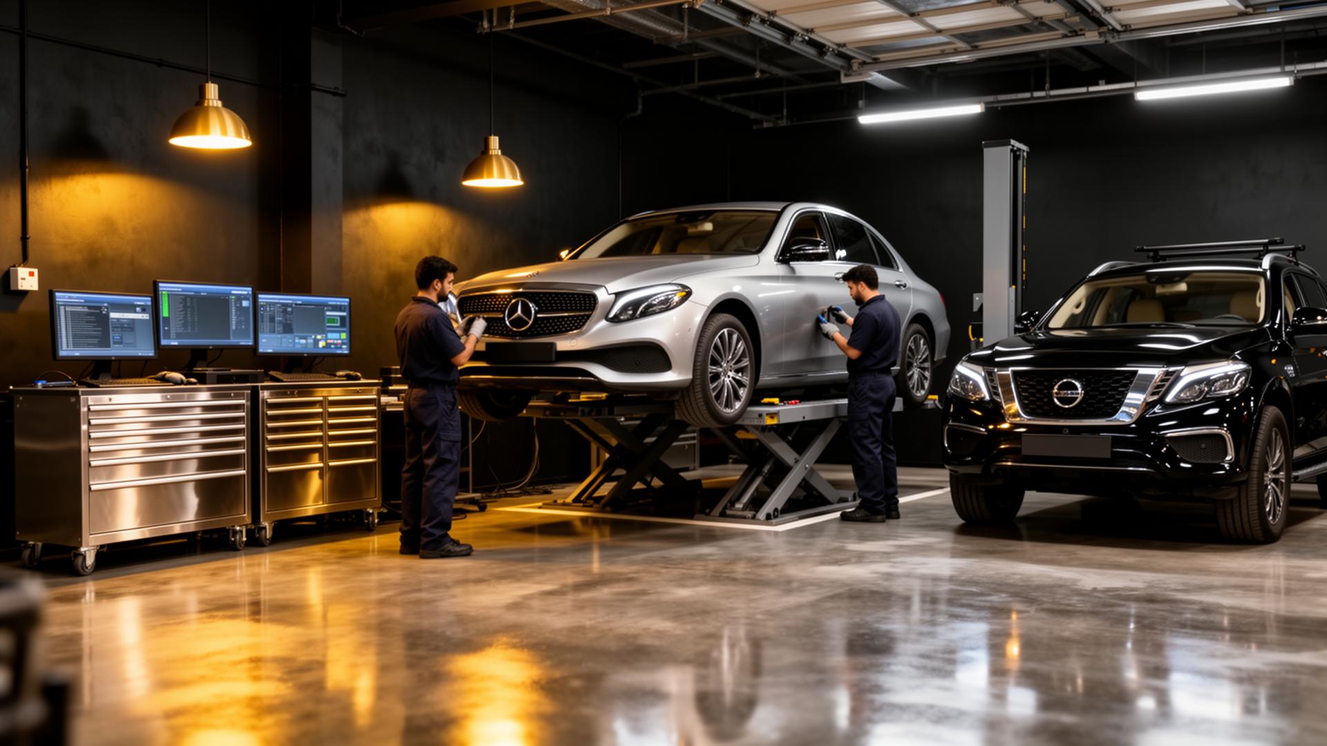 TorqueLine technicians servicing a Mercedes-Benz E-Class in the Al Quoz workshop